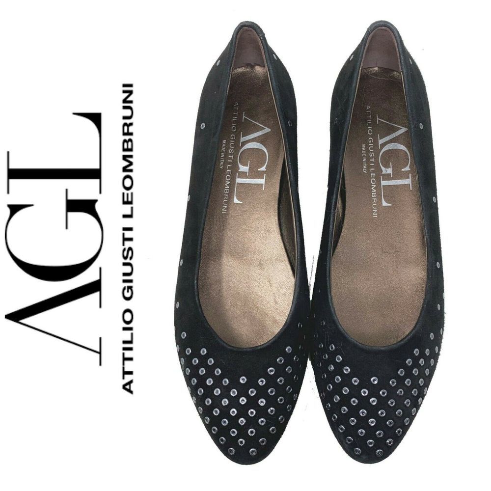 AGL Sz 39 Grommet Flats Black Suede Leather Shoes